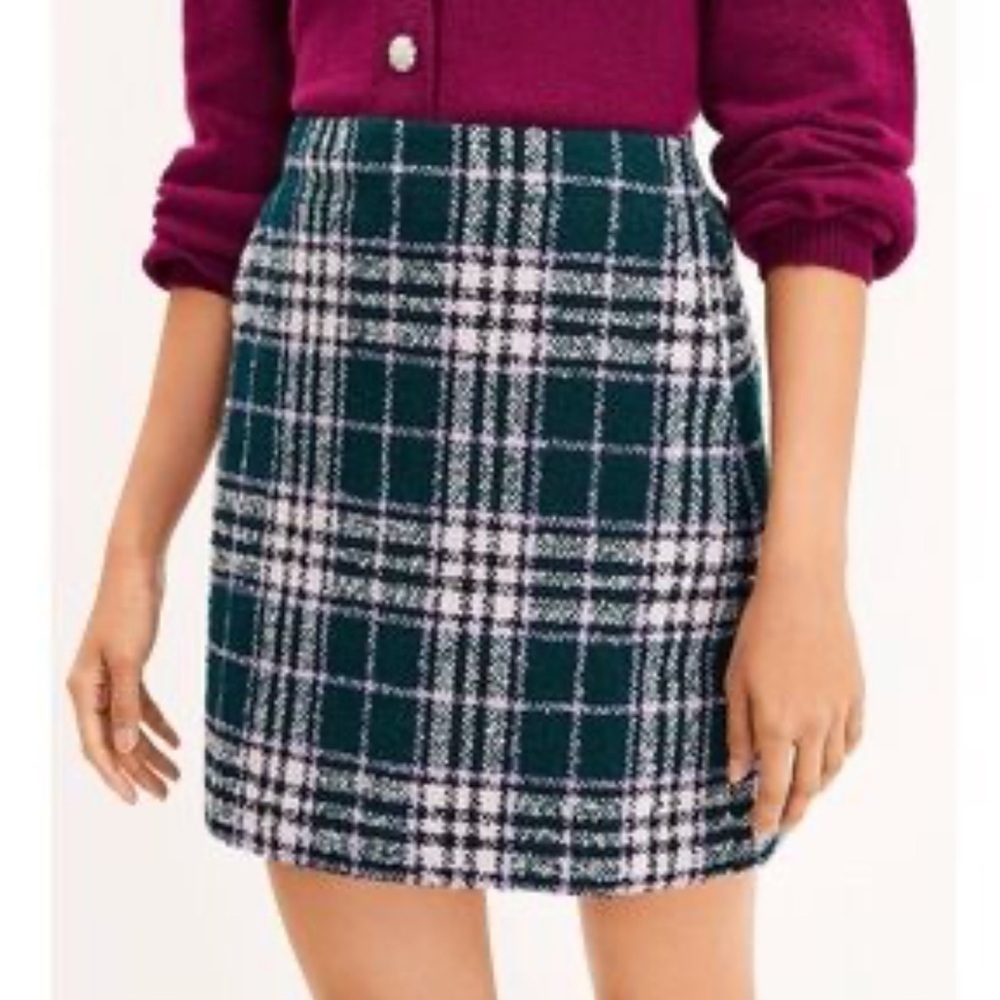Loft Tweed Plaid 18” Mini Skirt In Emerald Green Lilac & Pink Size 6